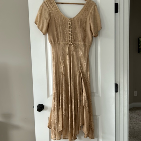 Boho Corset Crochet Golden Tan Embroidered V-Neck Dress w Sheer Insets - Picture 7 of 14